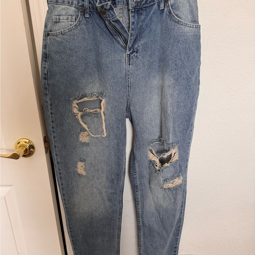 Boohoo Blue Boyfriend Jeans with Distressed Details